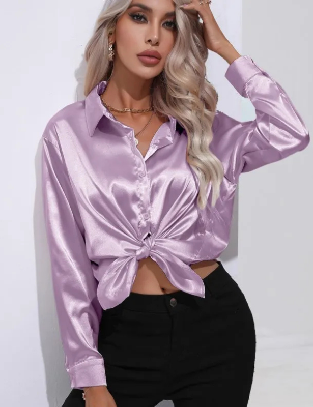Purple Women’s Relaxed Button-Up Blouse on the model