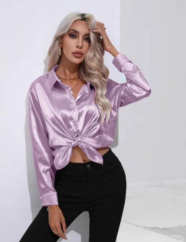 Purple Women’s Relaxed Button-Up Blouse on the model