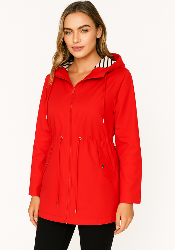 Red Women's Adjustable Fit Waterproof Rain Jacket on the model