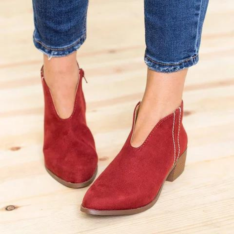 Red Women’s All-Season Chic Fit V-Cut Ankle Boots on the model