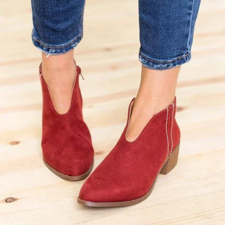 Red Women’s All-Season Chic Fit V-Cut Ankle Boots on the model