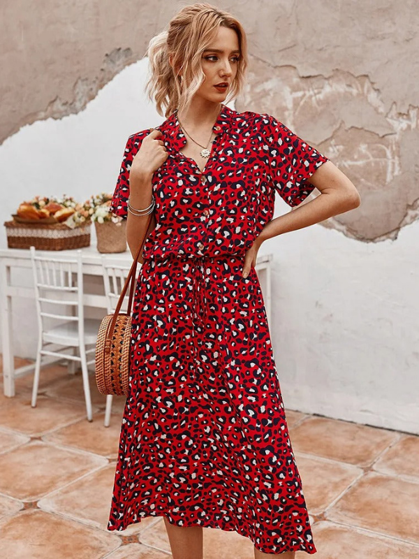 Red Women’s Breezy Printed Midi Summer Dress with Short Sleeves on the model