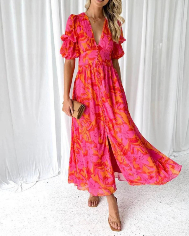 Red Women’s Floral Puff Sleeve V-Neck Maxi Dress on the model