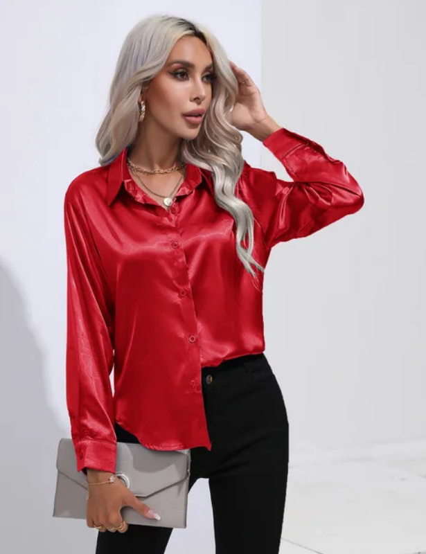 Red Women’s Relaxed Button-Up Blouse on the model