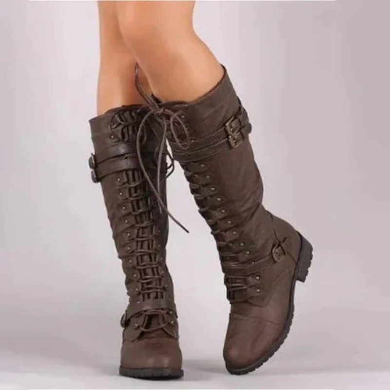 Retro Knee-high Lace-up Boots with Buckle Accents