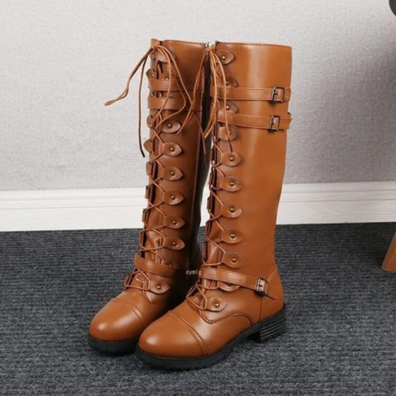 Retro Knee-high Lace-up Boots with Buckle Accents