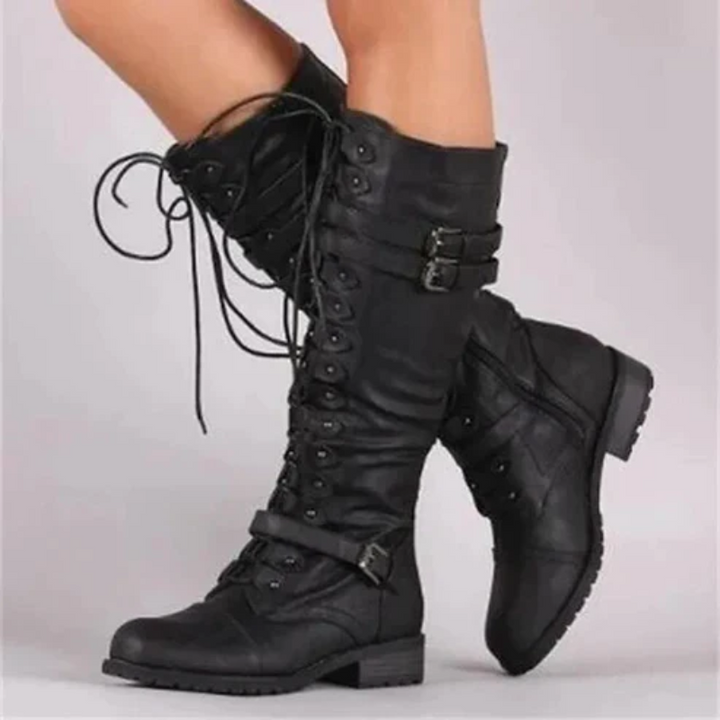 Retro Knee-high Lace-up Boots with Buckle Accents