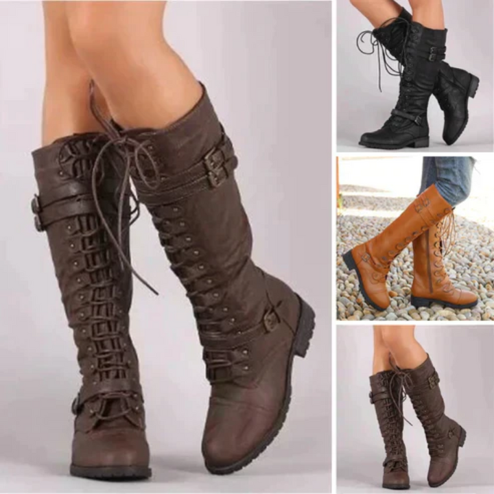 Retro Knee-high Lace-up Boots with Buckle Accents