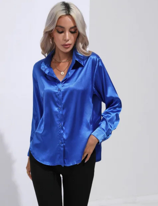 Royal Blue Women’s Relaxed Button-Up Blouse on the model