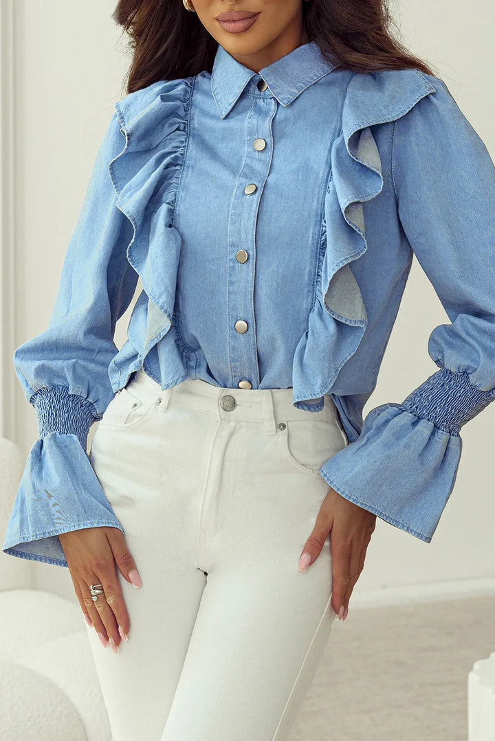 Margaret | Women's Ruffled Button Up Long Sleeve Denim Top