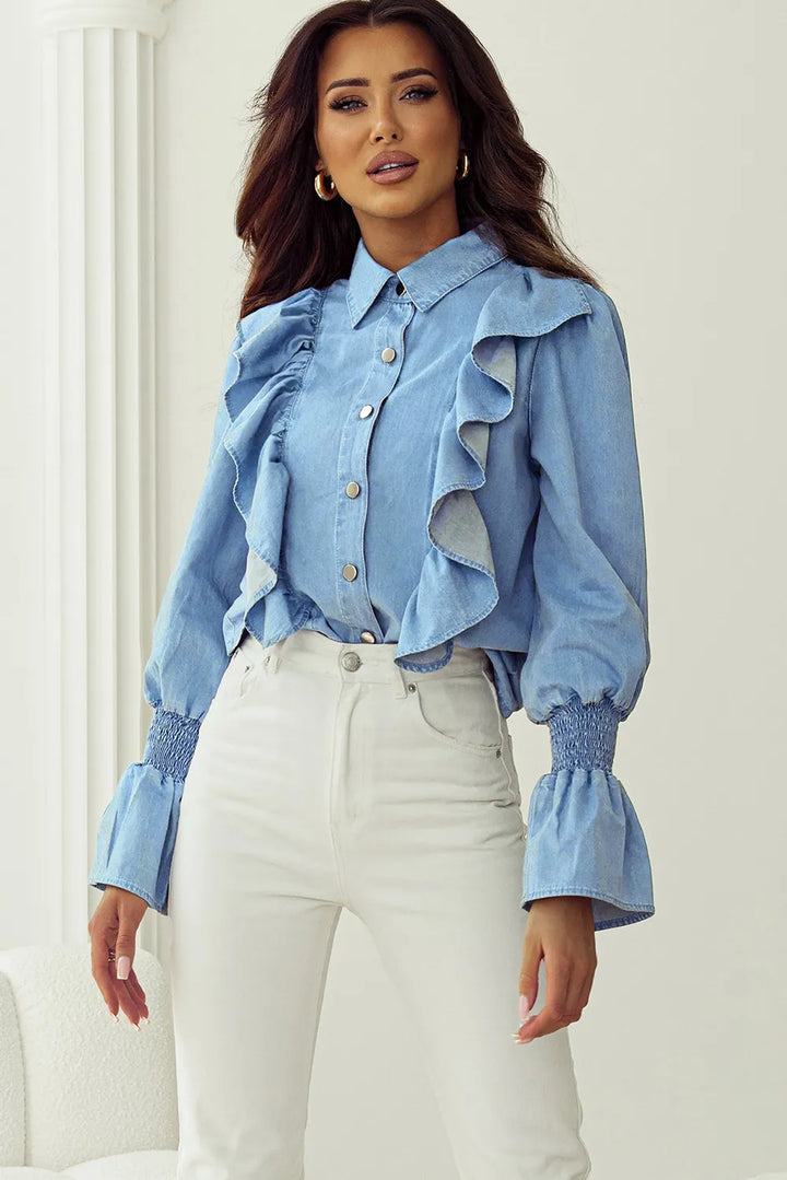 Margaret | Women's Ruffled Button Up Long Sleeve Denim Top