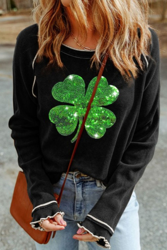 Sequin Lucky Clover Lettuce Trim Long Sleeve Top