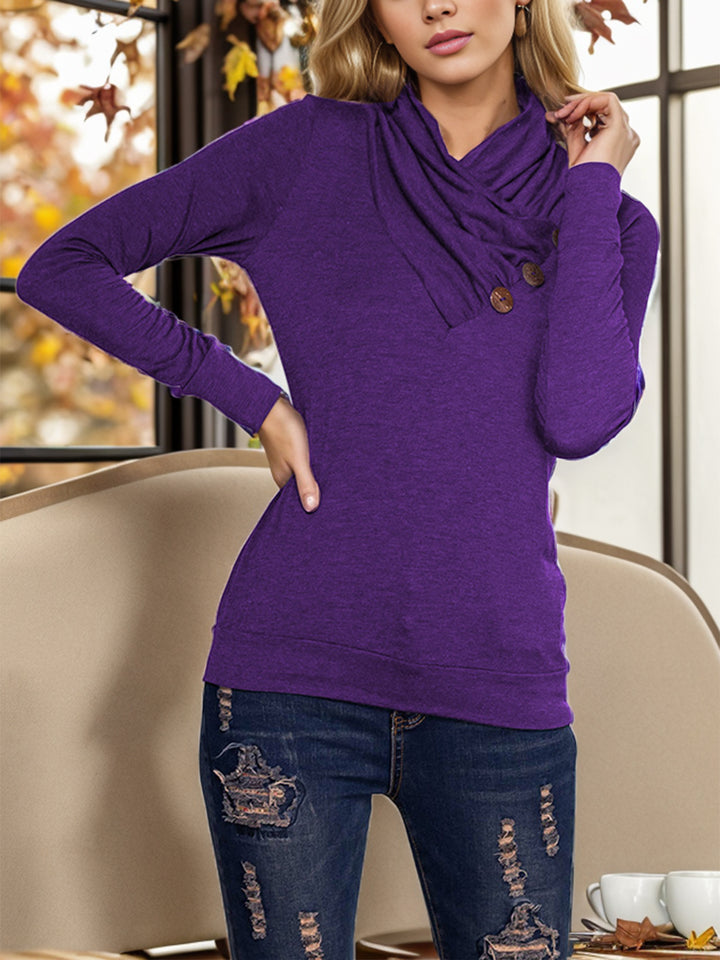 Michaëlle | Women's Shiny Buttoned Mock Neck Long Sleeve Blouse
