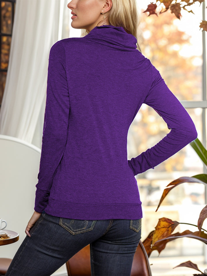 Michaëlle | Women's Shiny Buttoned Mock Neck Long Sleeve Blouse