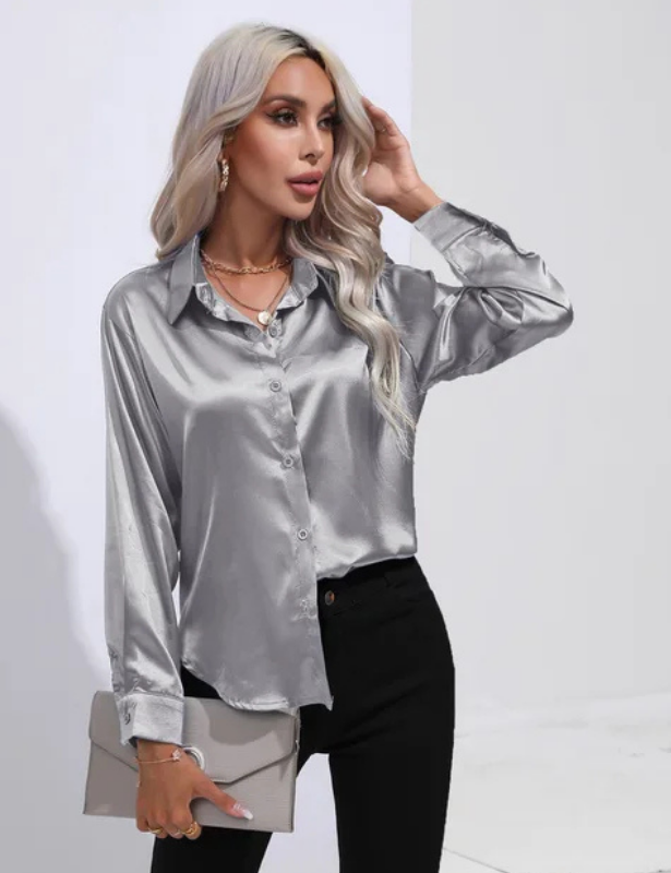 Silver Women’s Relaxed Button-Up Blouse on the model
