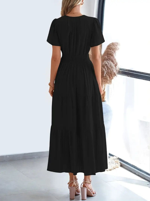 Sophia | Women's Notched Short Sleeve Midi Dress with Pockets