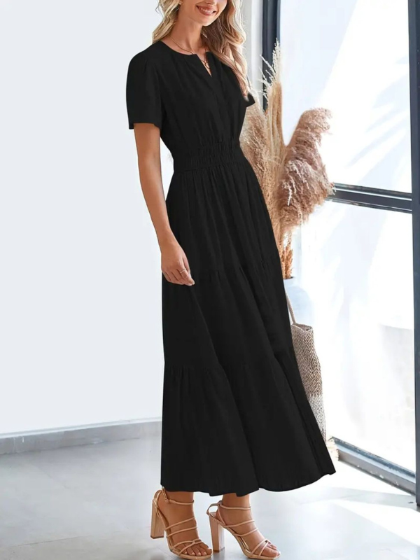 Sophia | Women's Notched Short Sleeve Midi Dress with Pockets