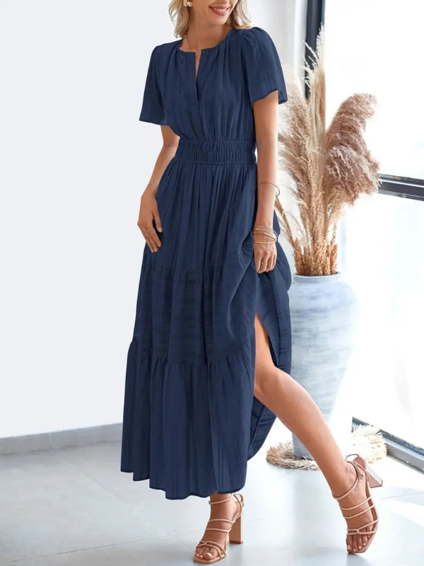 Sophia | Women's Notched Short Sleeve Midi Dress with Pockets