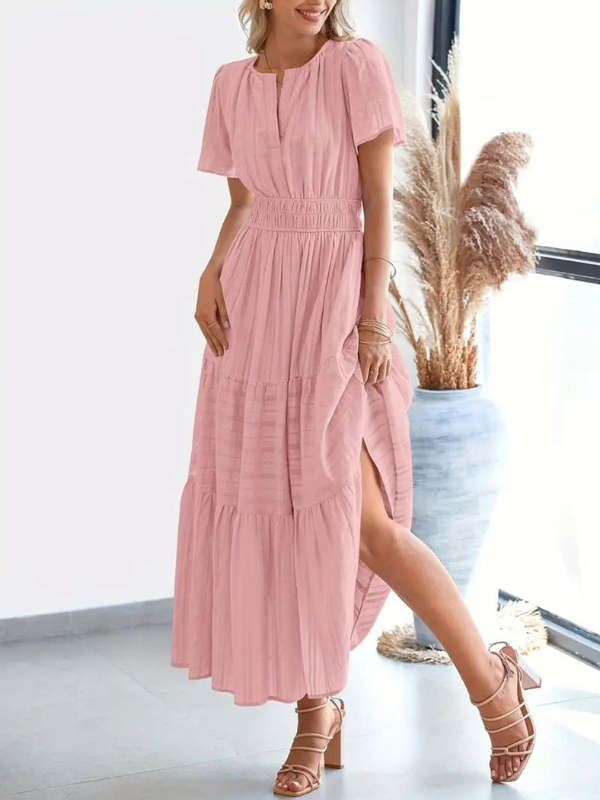 Sophia | Women's Notched Short Sleeve Midi Dress with Pockets