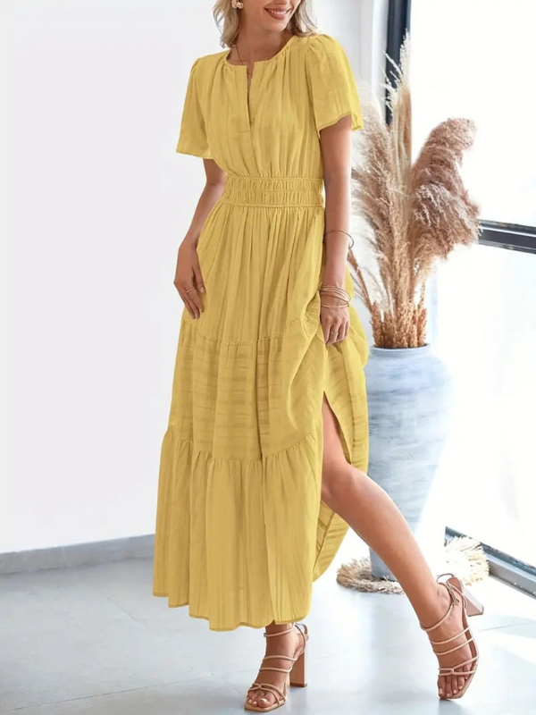 Sophia | Women's Notched Short Sleeve Midi Dress with Pockets