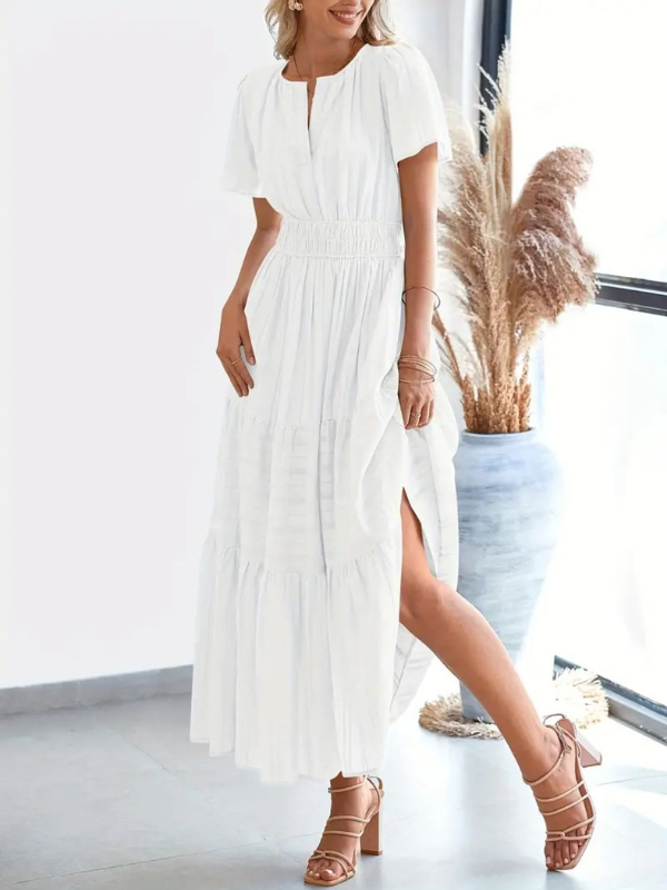 Sophia | Women's Notched Short Sleeve Midi Dress with Pockets