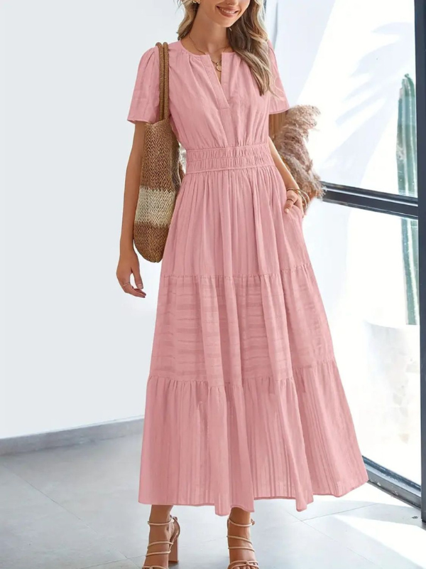 Sophia | Women's Notched Short Sleeve Midi Dress with Pockets