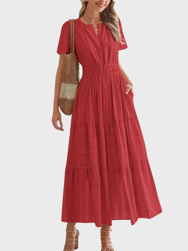 Sophia | Women's Notched Short Sleeve Midi Dress with Pockets