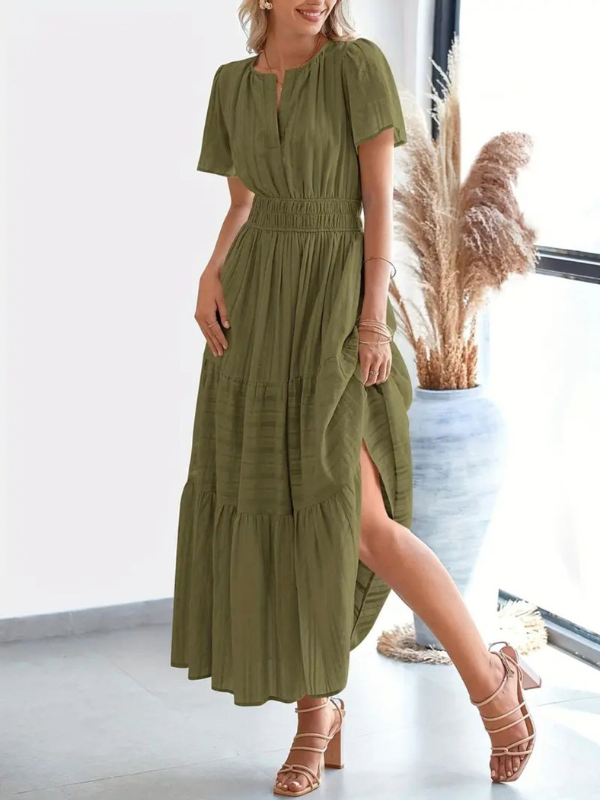 Sophia | Women's Notched Short Sleeve Midi Dress with Pockets