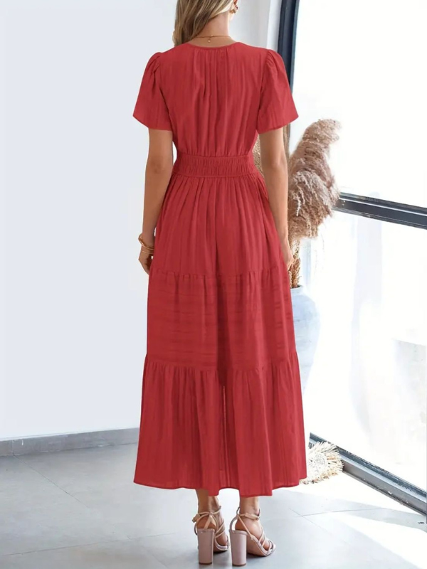 Sophia | Women's Notched Short Sleeve Midi Dress with Pockets