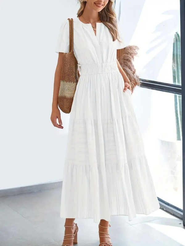 Sophia | Women's Notched Short Sleeve Midi Dress with Pockets