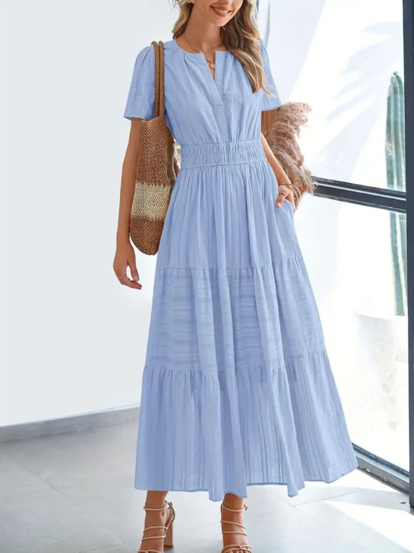 Sophia | Women's Notched Short Sleeve Midi Dress with Pockets