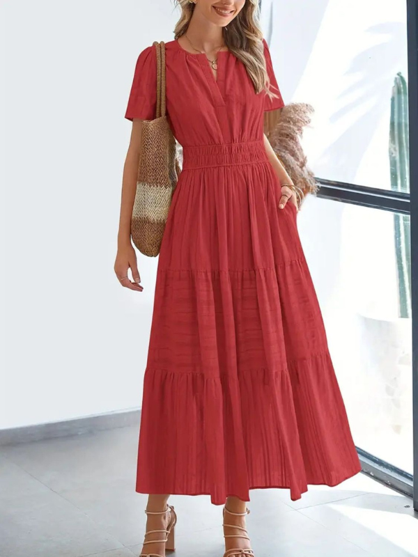 Sophia | Women's Notched Short Sleeve Midi Dress with Pockets