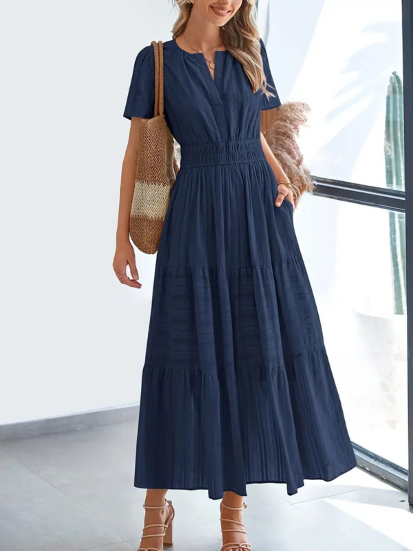 Sophia | Women's Notched Short Sleeve Midi Dress with Pockets