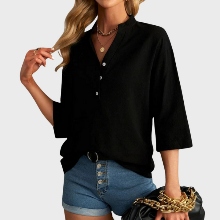 Women’s Casual Blouse with Band Collar Button-Down