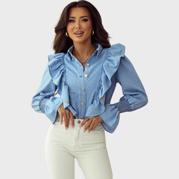 Margaret | Women's Ruffled Button Up Long Sleeve Denim Top