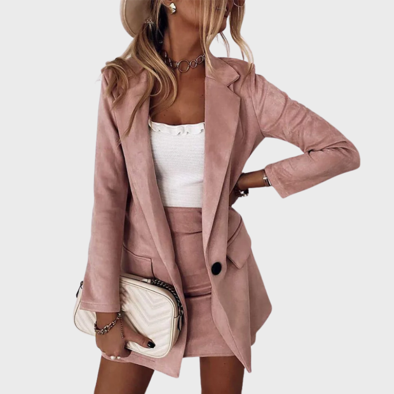 Brown Women’s  Two-Piece Elegance Blazer & Mini Dress Set on the model