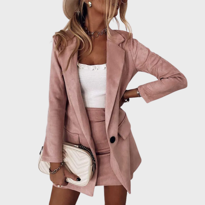 Brown Women’s  Two-Piece Elegance Blazer & Mini Dress Set on the model