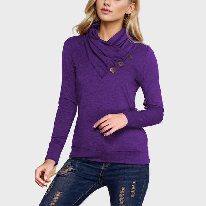 Michaëlle | Women's Shiny Buttoned Mock Neck Long Sleeve Blouse
