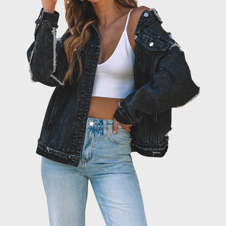 Nelly | Women's Button Up Raw Hem Distressed Denim Jacket