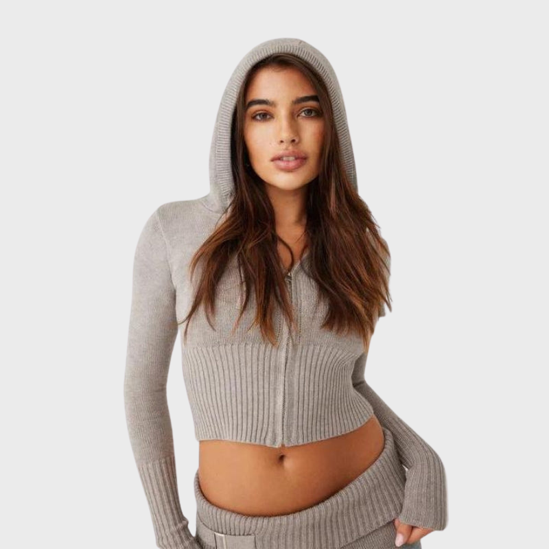 Gray Women’s Cozy Fitted Zip-Up Cloud Knit Set on the model