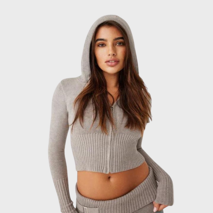 Gray Women’s Cozy Fitted Zip-Up Cloud Knit Set on the model