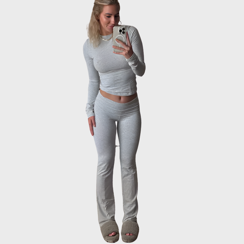 Gray Women’s Foldover Waistband  Lounge Set - Long Sleeves on the model
