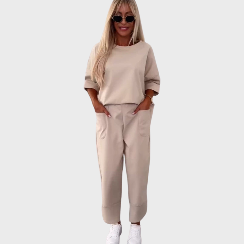 Beige Women’s Coordinated Minimalist Fit Tracksuit Set on the model