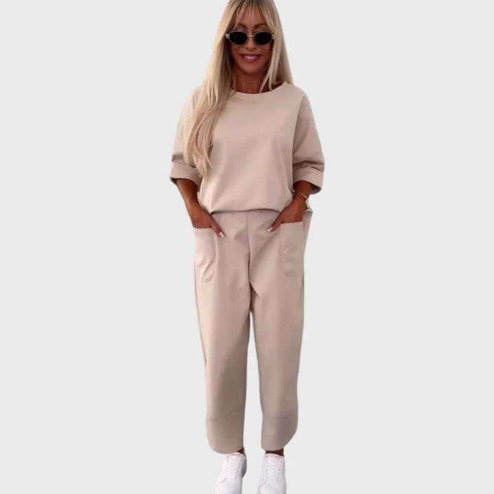 Beige Women’s Coordinated Minimalist Fit Tracksuit Set on the model