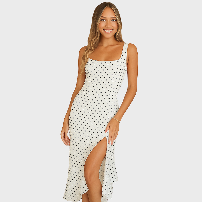 White Women’s Polka Dot Asymmetrical Hem Midi Dress on model