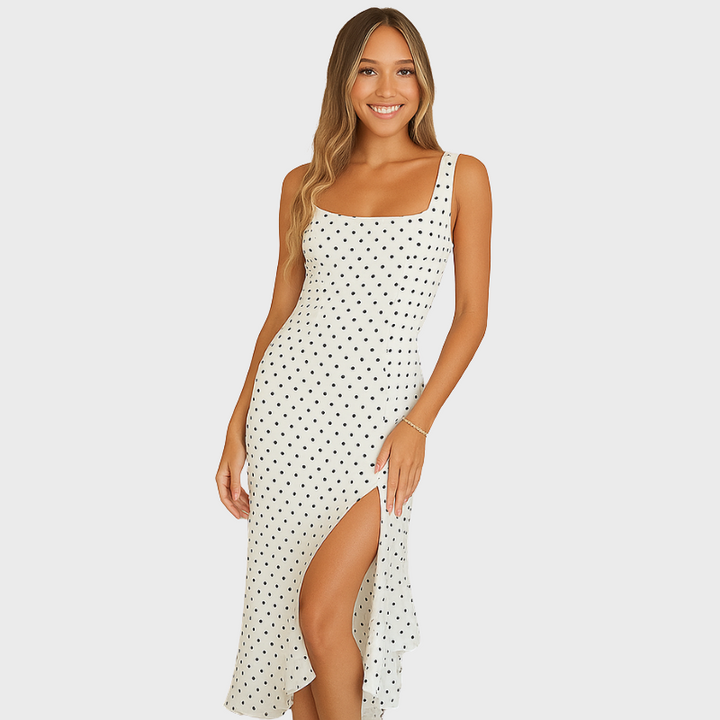 White Women’s Polka Dot Asymmetrical Hem Midi Dress on model