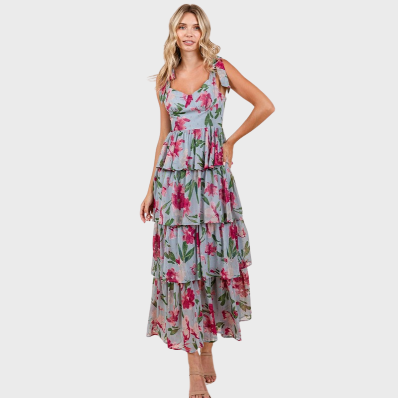 Isabella | Women's Layered Floral Sweetheart Neck Maxi Dress