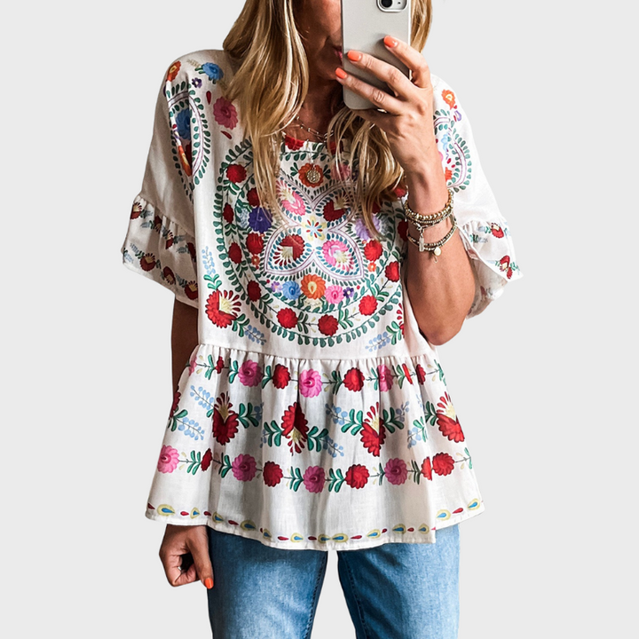 Julia | Women's Floral Print Round Neck Ruffle Trim Blouse