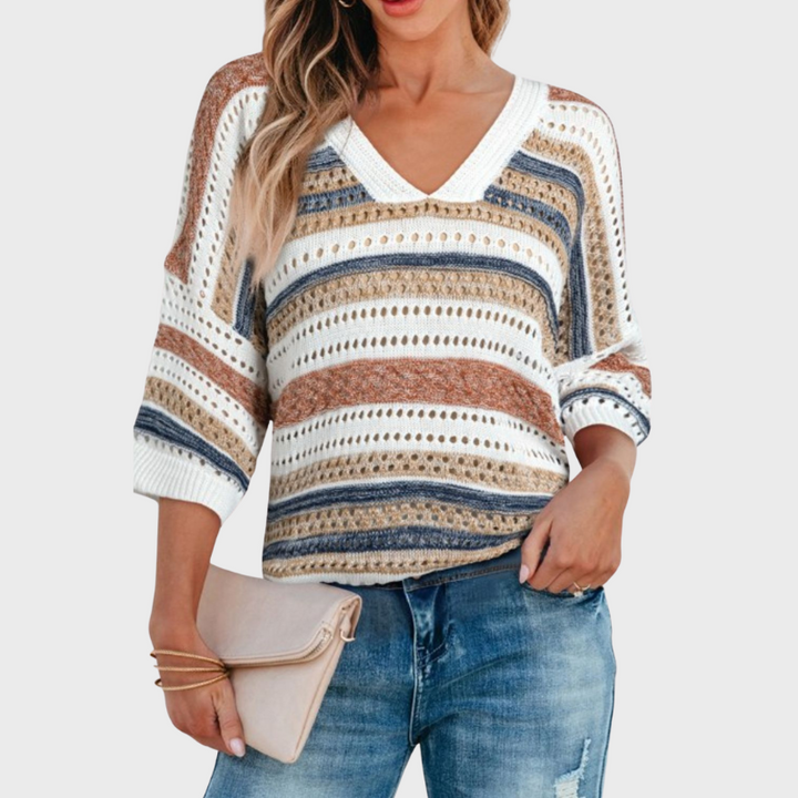 Elena | Women's Striped Hollow Out Half Sleeve Knit Top