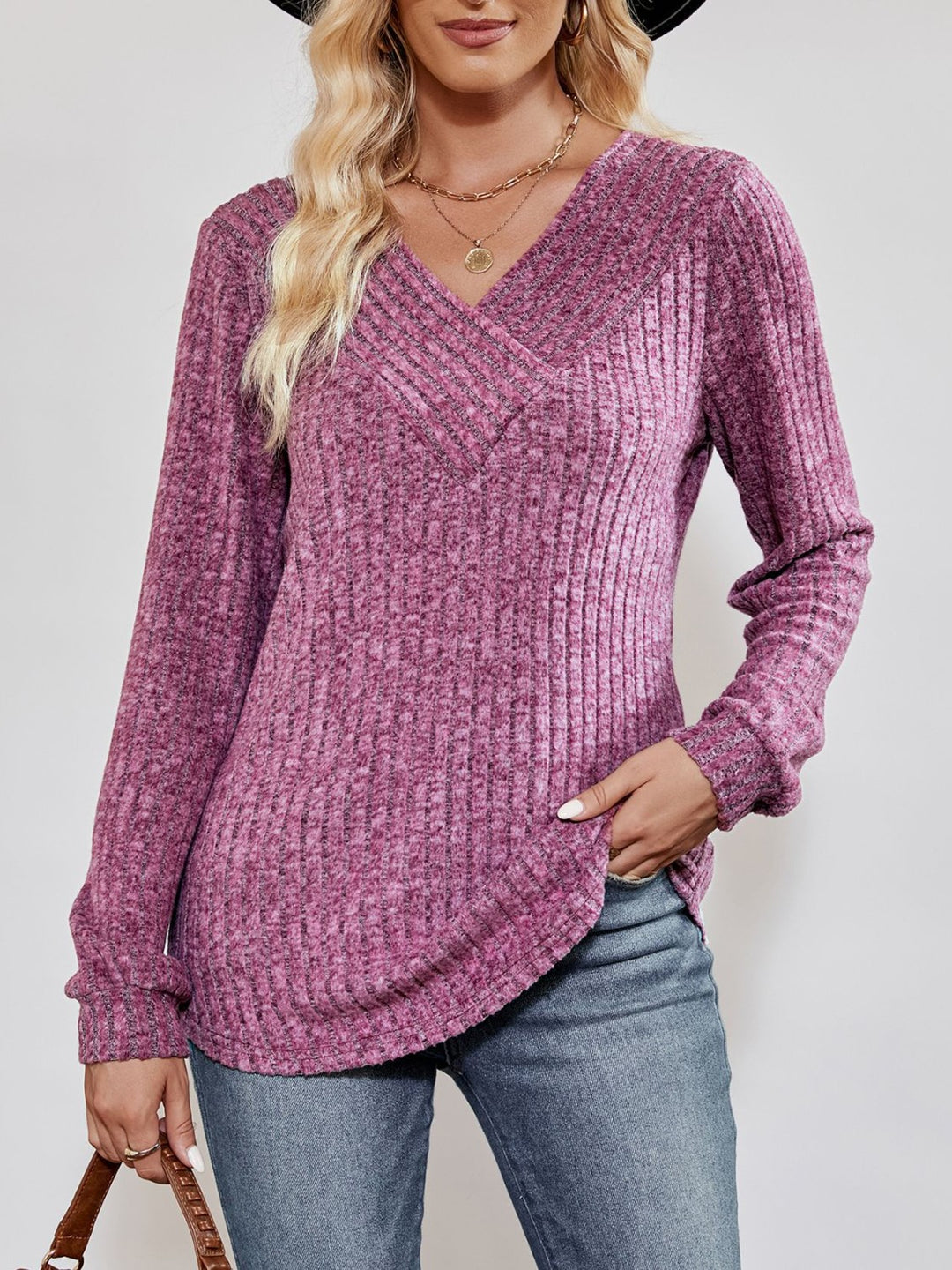 Alice | Women's V-Neck Ribbed Long Sleeve Top